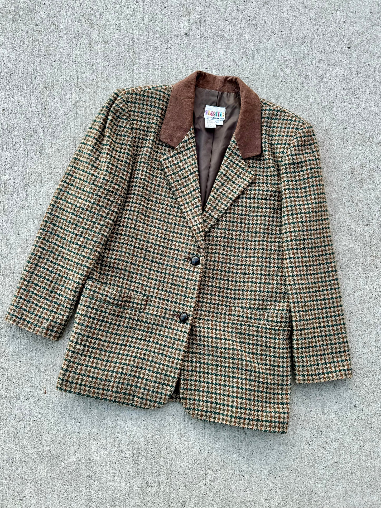 Vintage 1990s Leather Collar Houndstooth Wool Blazer | Medium