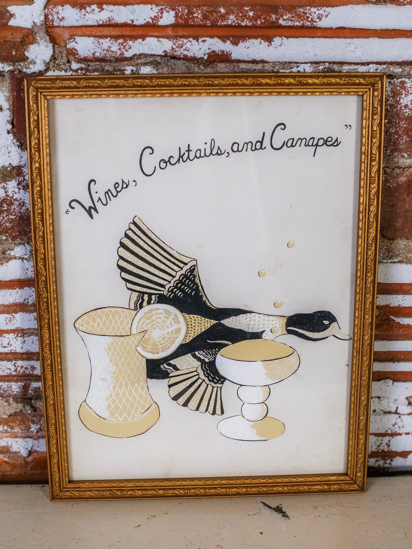 Vintage Framed “Wines, Cocktails, and Canapés” Illustration Artwork