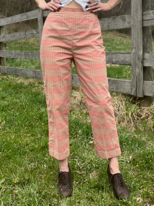 Vintage Red Plaid Cotton Cropped Pants | Waist 28”