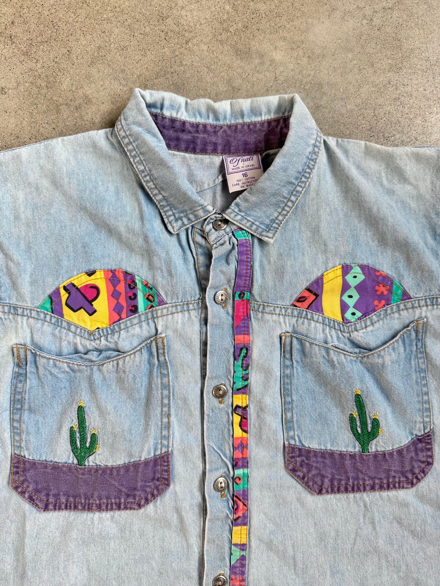 Vintage 1980s/90s Southwestern Cactus Embroidered Denim Shirt | Medium