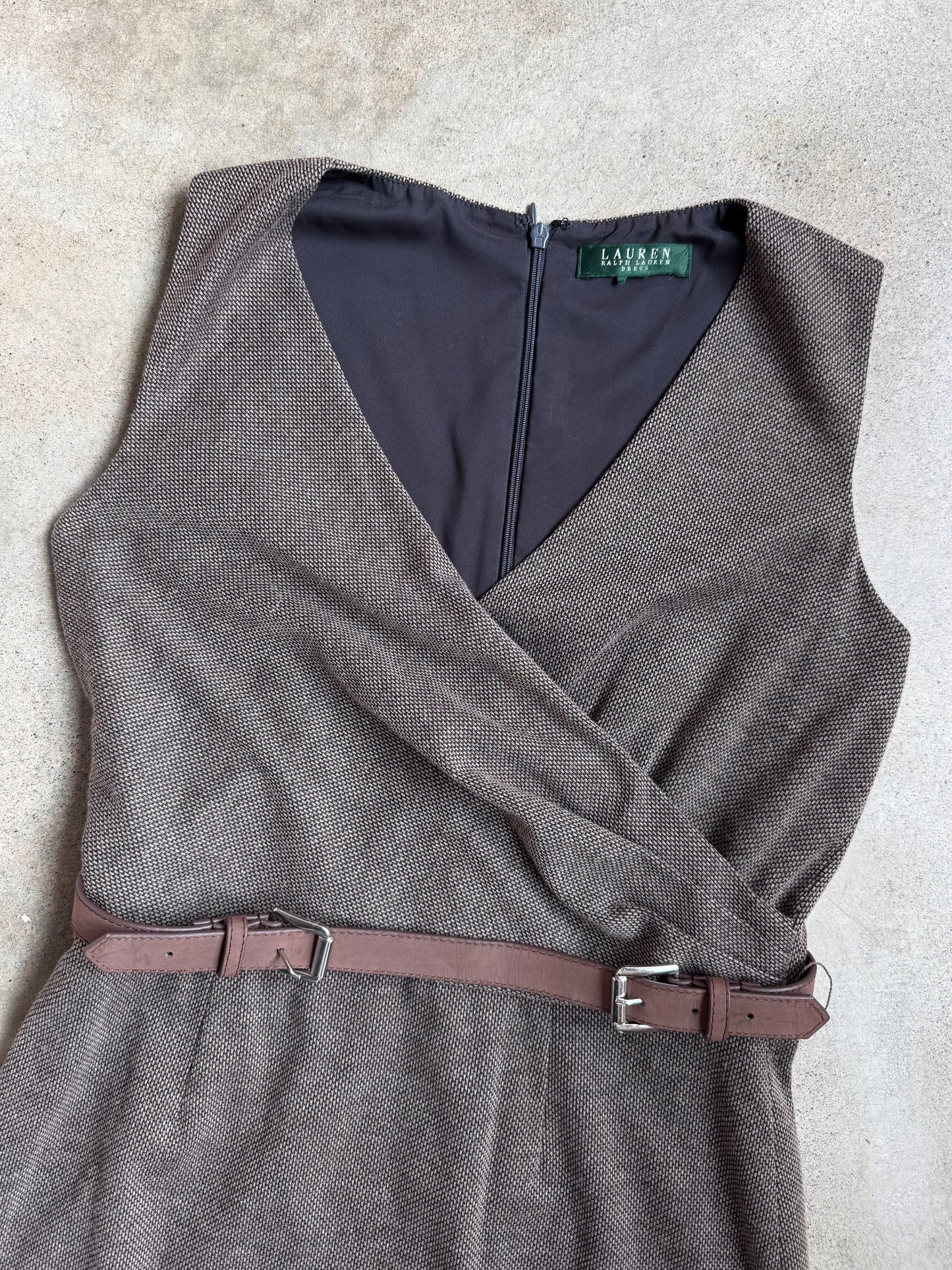 Vintage 1990s Lauren Ralph Lauren Brown Knit V-Neck Belted Dress | Small