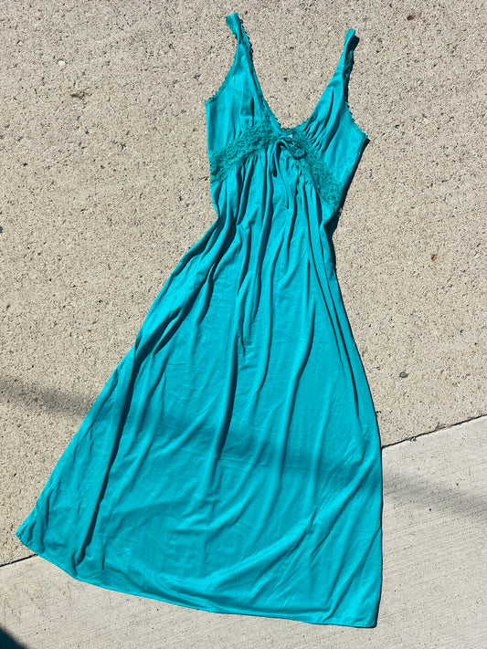 Vintage 1970s Teal Lace Maxi Slip Dress