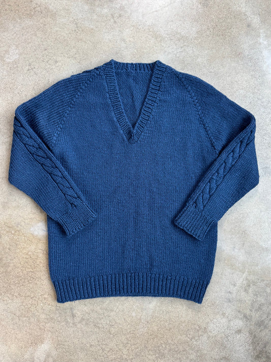 Vintage 1960s Hand-Knit Blue V-Neck Sweater | L/XL