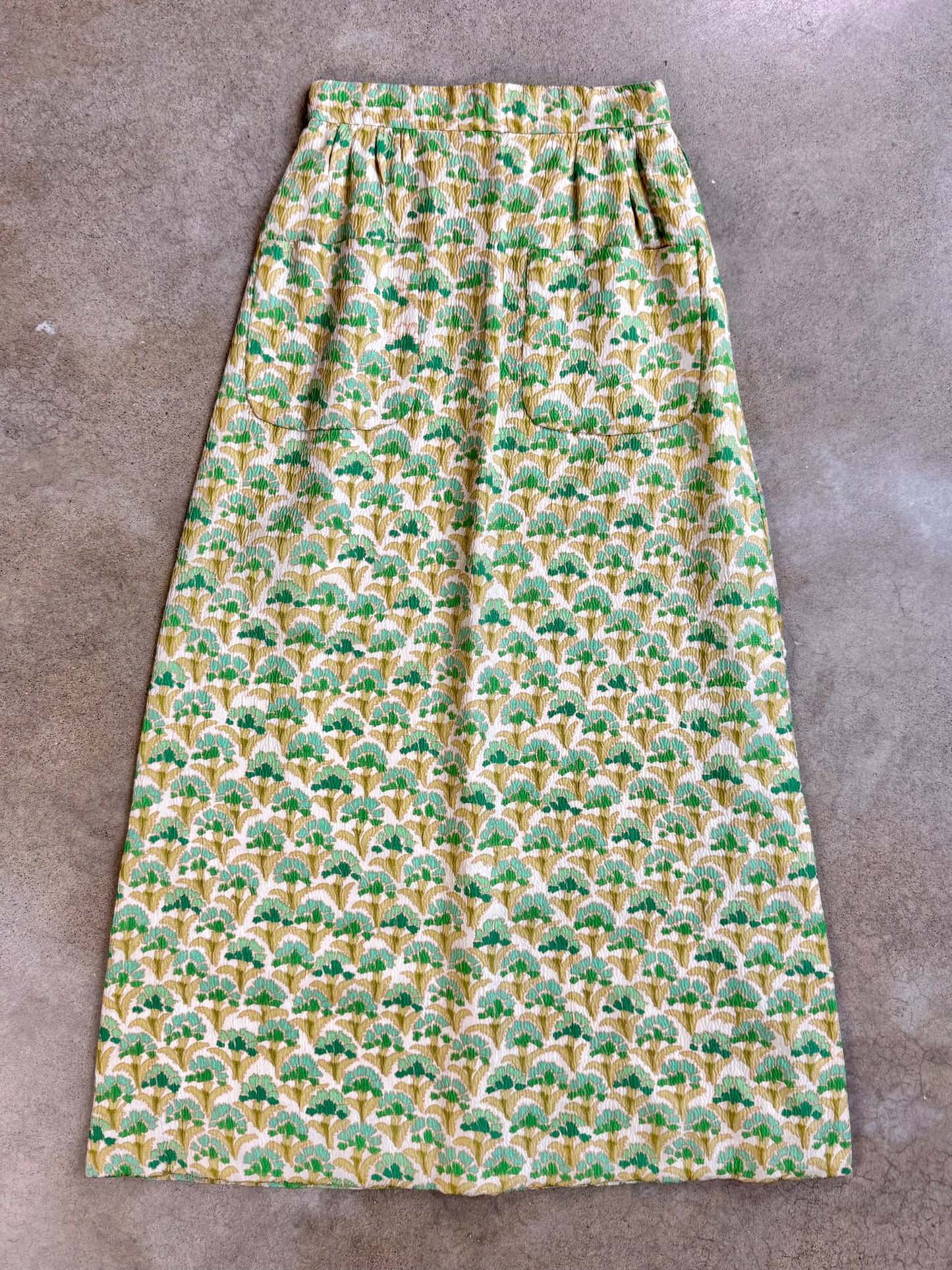 Vintage 1960s Boutique Valentino Green & Gold Floral Silk Maxi Skirt | Waist 26”