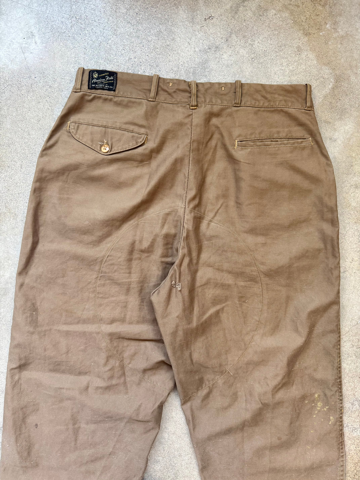 Vintage 1950s American Field Sportswear Brown Cotton Twill & Suede Leather Hunting Pants | Waist 36”