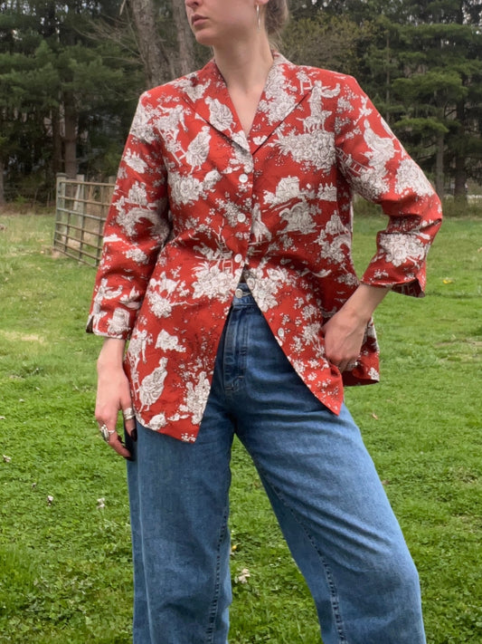 Vintage 1990s Silkland Red Toile Print Silk Blazer | Medium