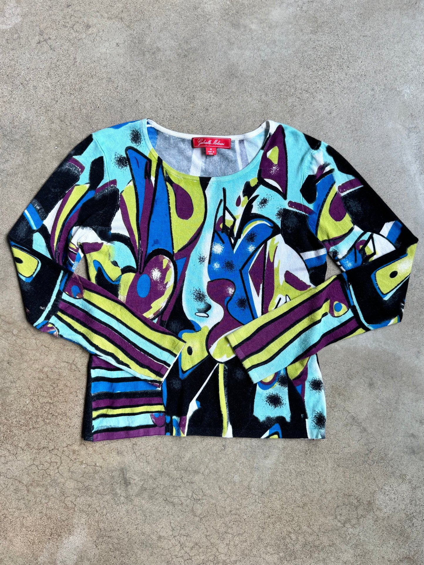 Gabriella Molinari Abstract Pattern Bamboo Knit Long Sleeve Top | Medium