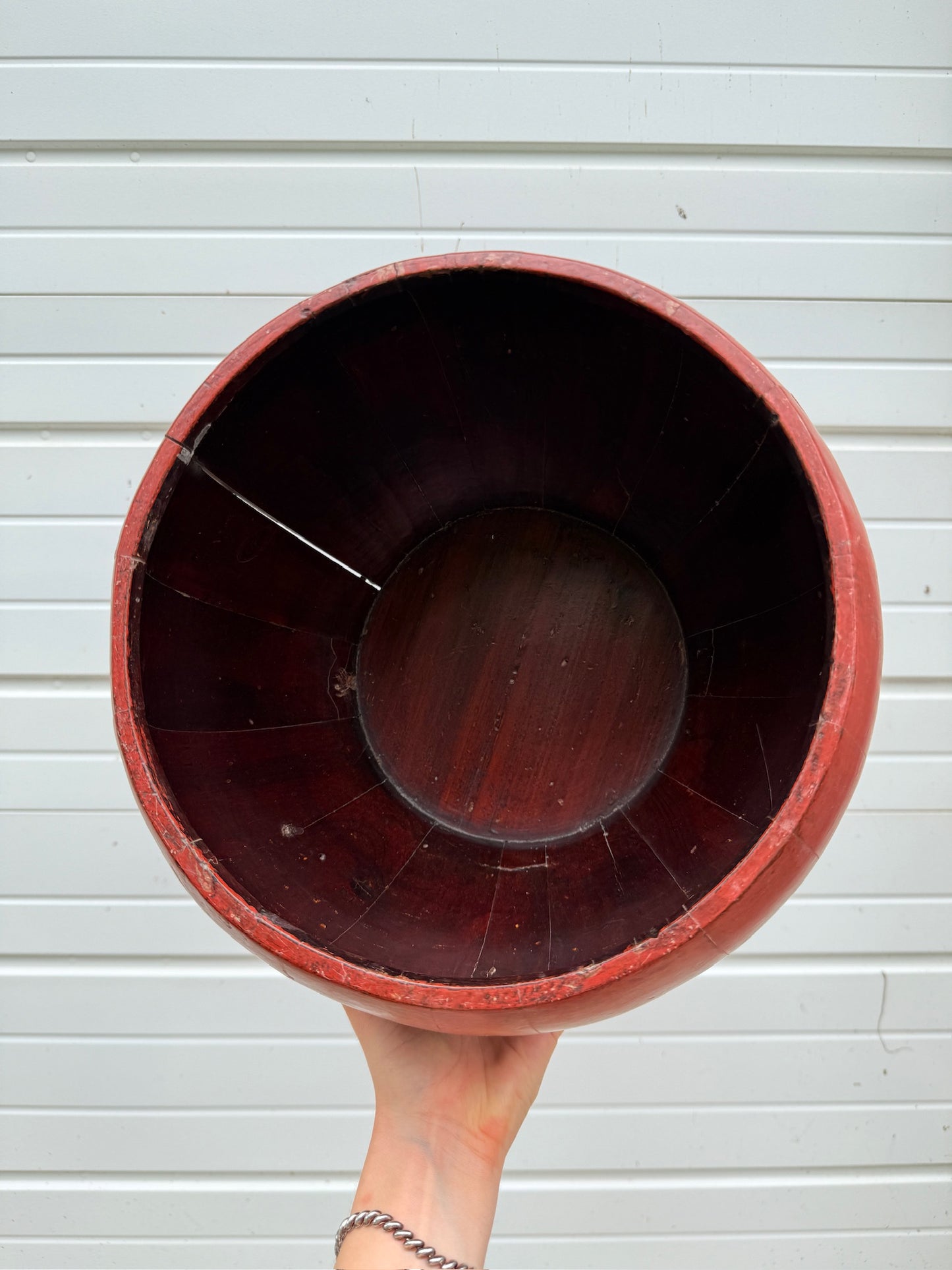 Antique Chinese Red Laquered Wood Rice Box