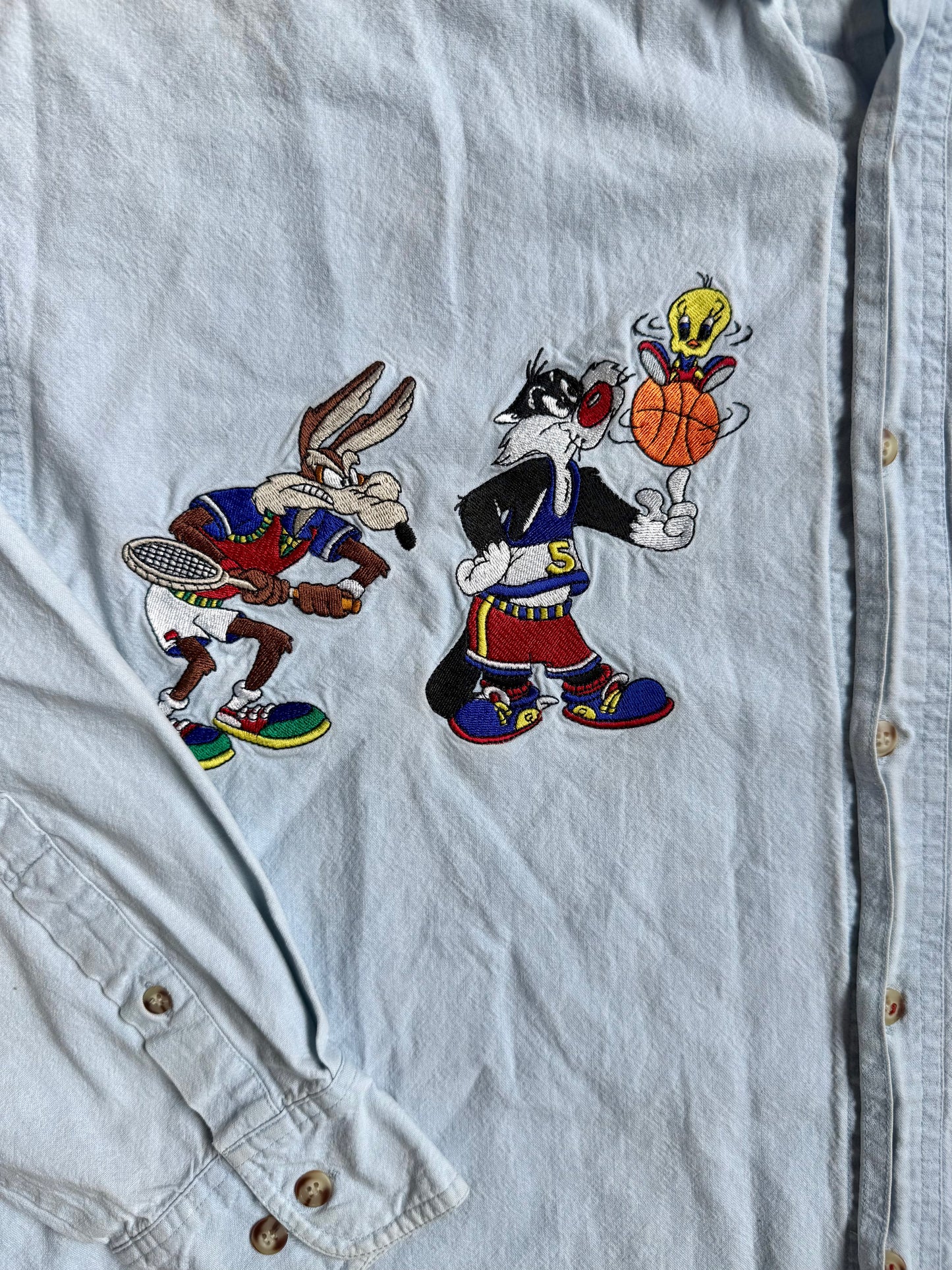 Vintage 1990s ACME Looney Tunes Embroidered Denim Shirt | Medium