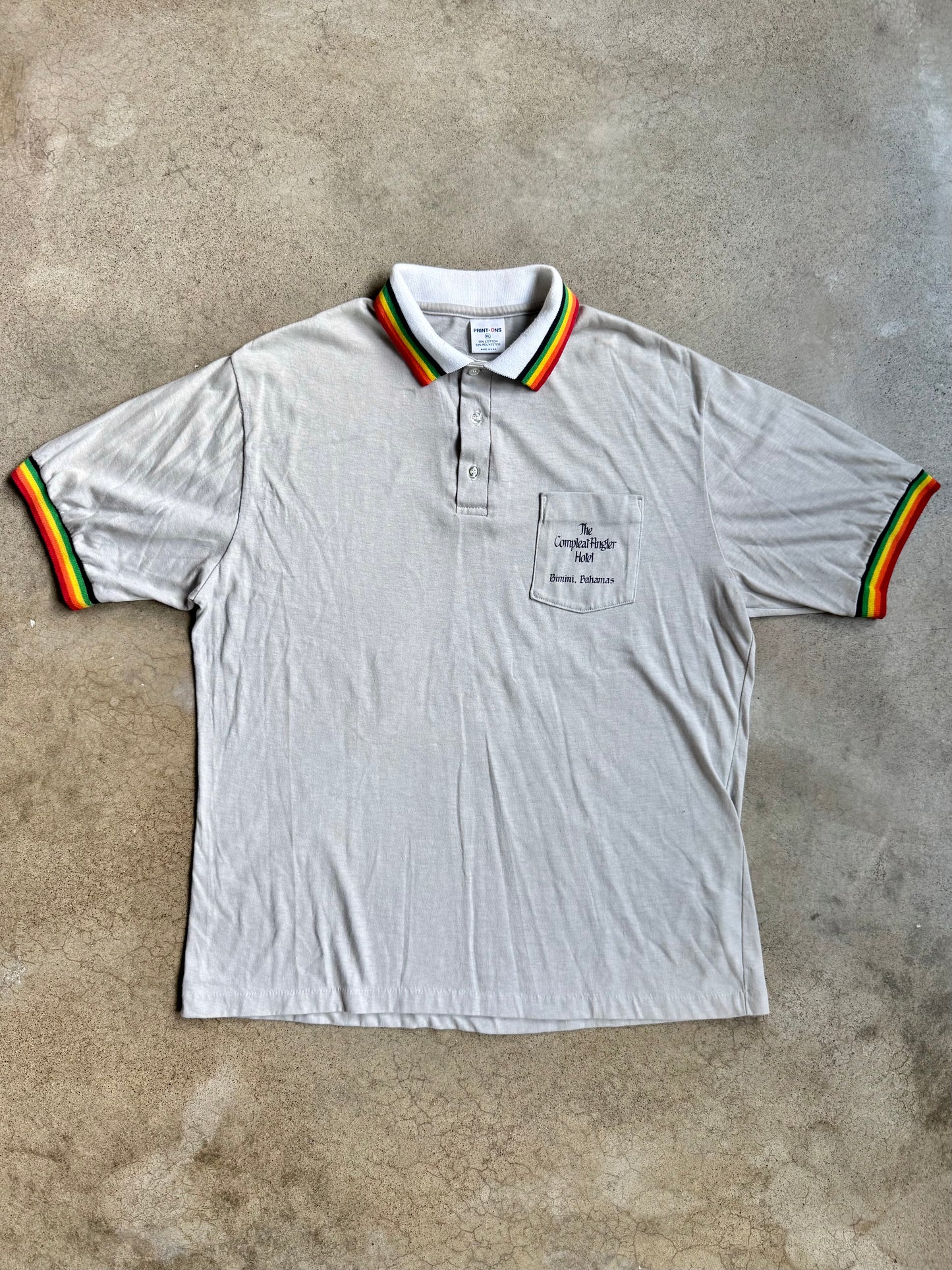 Vintage 1970s Bahamas Compleat Angler Hotel Rainbow Collar Polo Shirt | XL