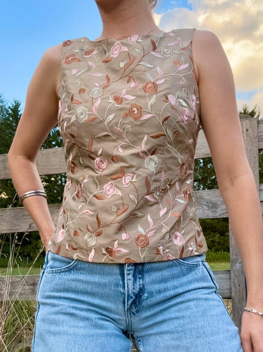 Vintage 1990s Talbots Pure Silk Floral Embroidered Sleeveless Top | XS/S