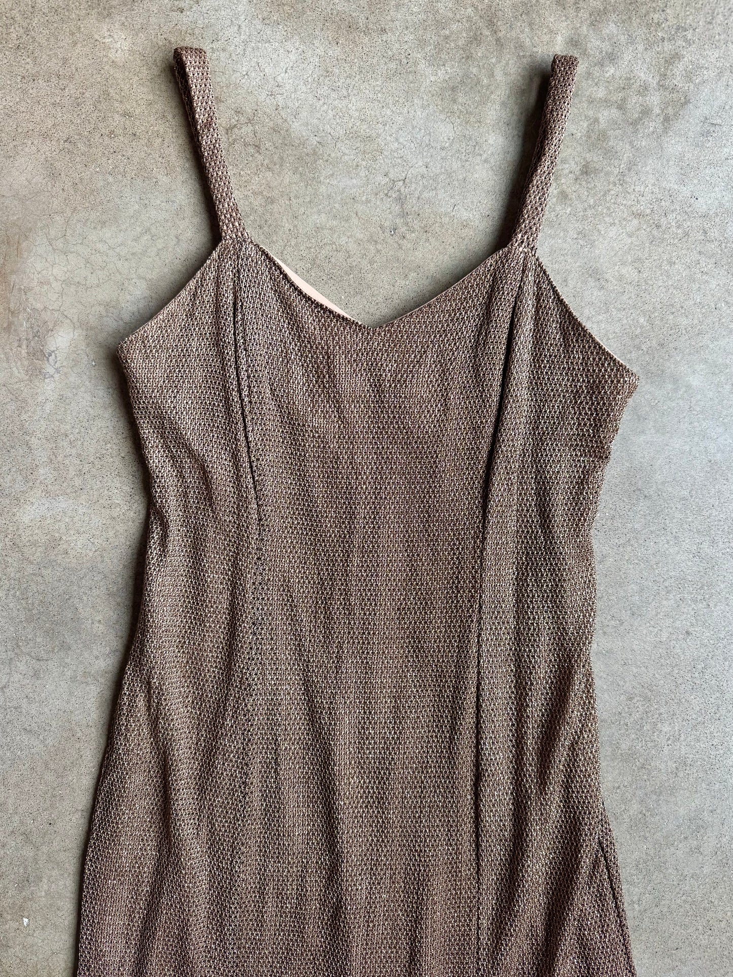 Vintage 1990s Onyx Nite Gold Metallic Side Slit Evening Gown | M/L