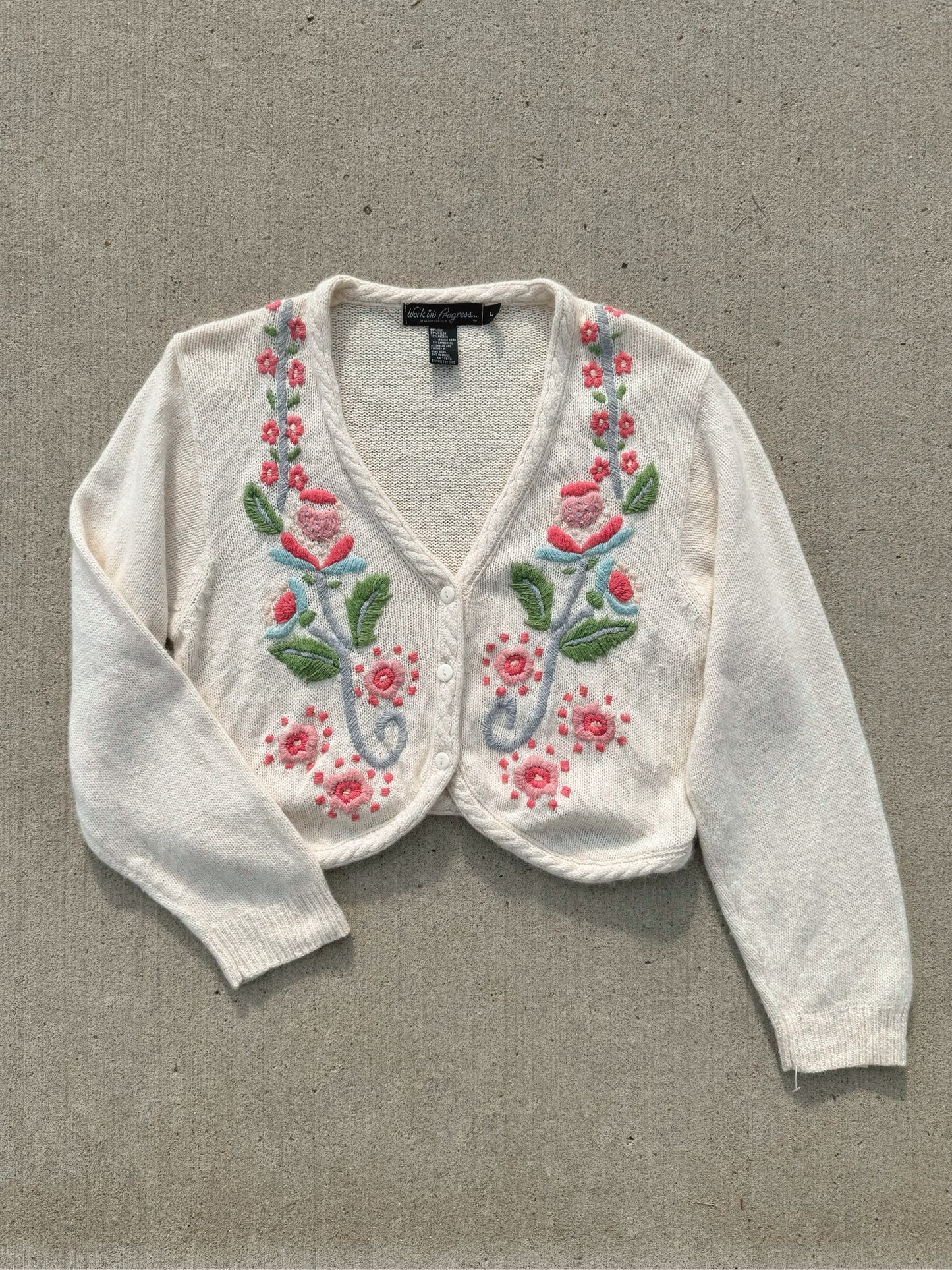 Vintage 1990s Floral Embroidered Silk & Angora Knit Cardigan