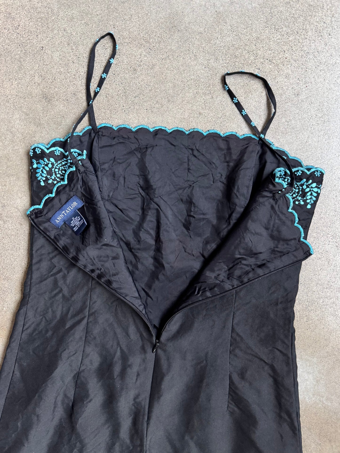 2000s Ann Taylor Black & Blue Embroidered Floral Beaded Silk Dress | XS