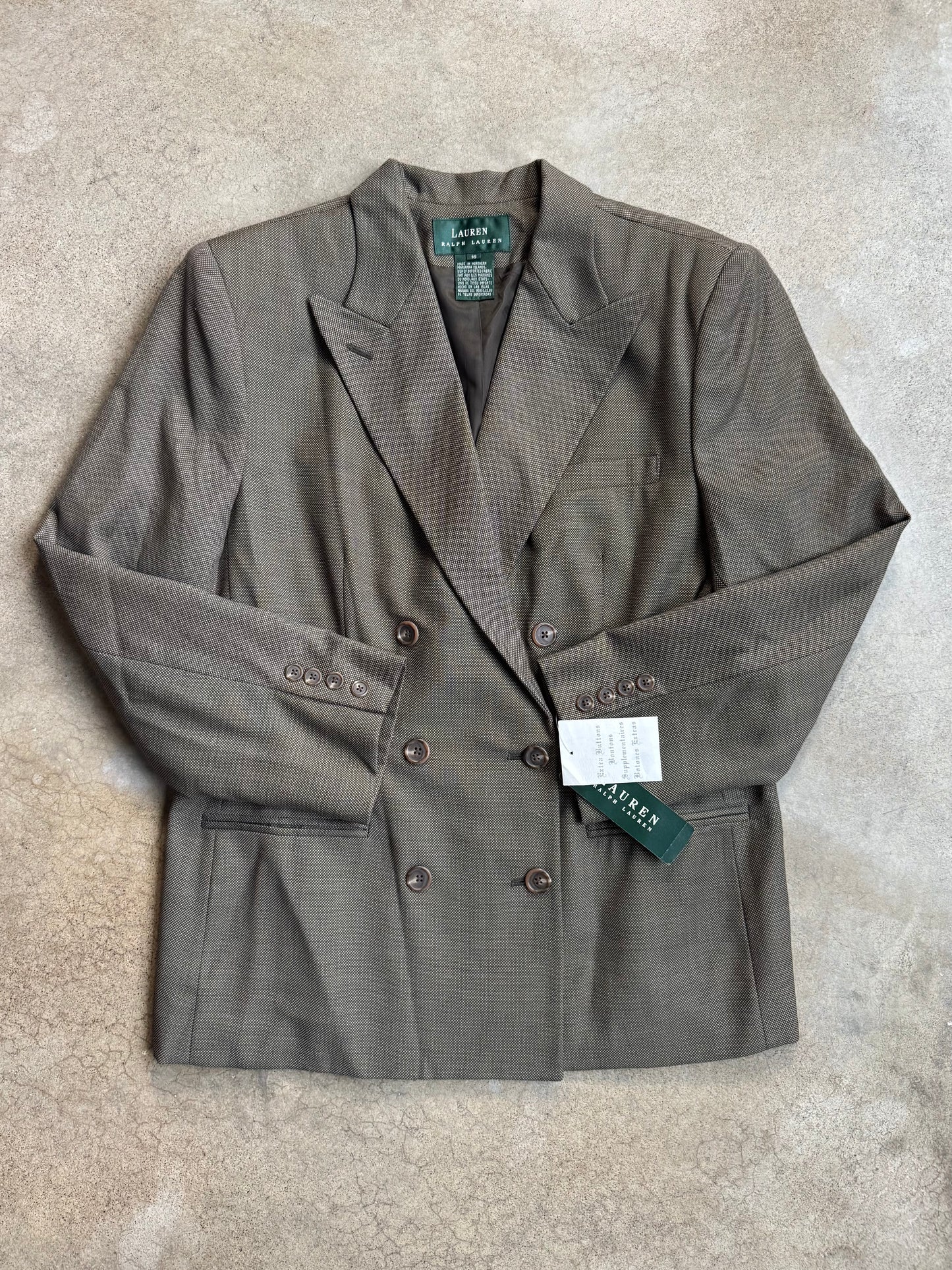 Vintage 1990s Lauren Ralph Lauren Brown Wool Double-Breasted Suit Jacket | Large