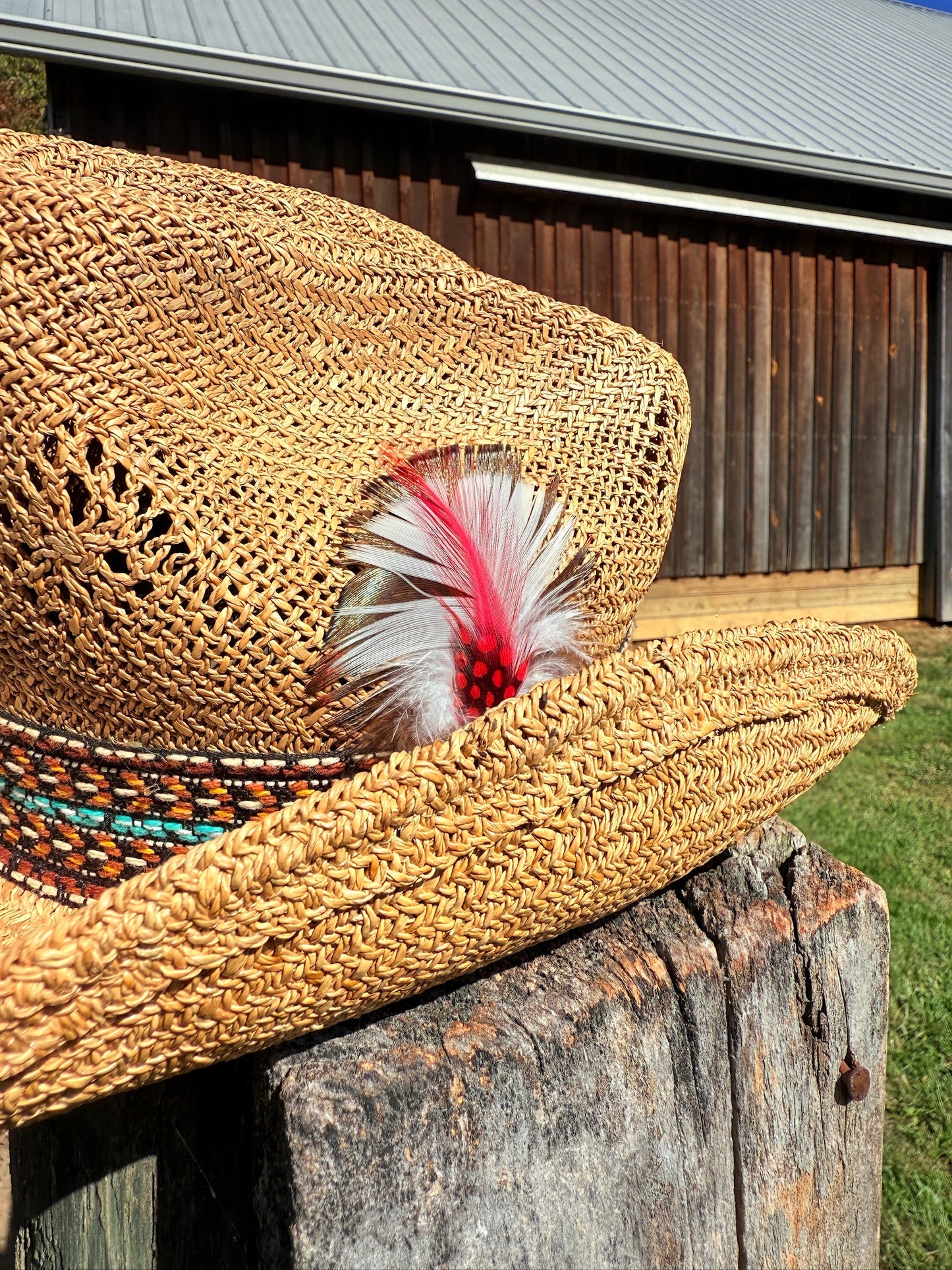 Vintage 1970s Straw Woven Feather Cowboy Hat