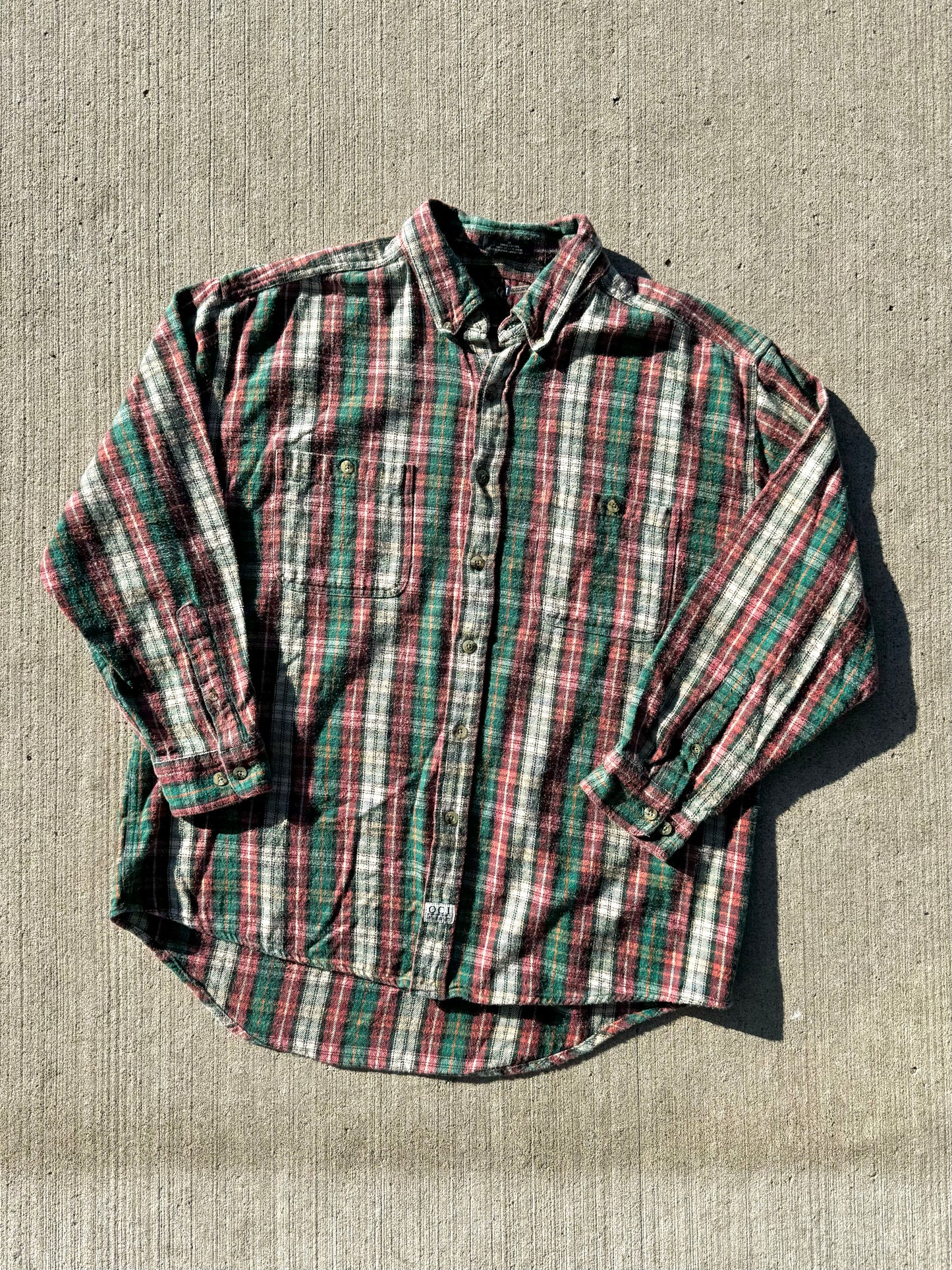 Vintage 1990s Old College Inn Red & Green Plaid Cotton Flannel Shirt | XL