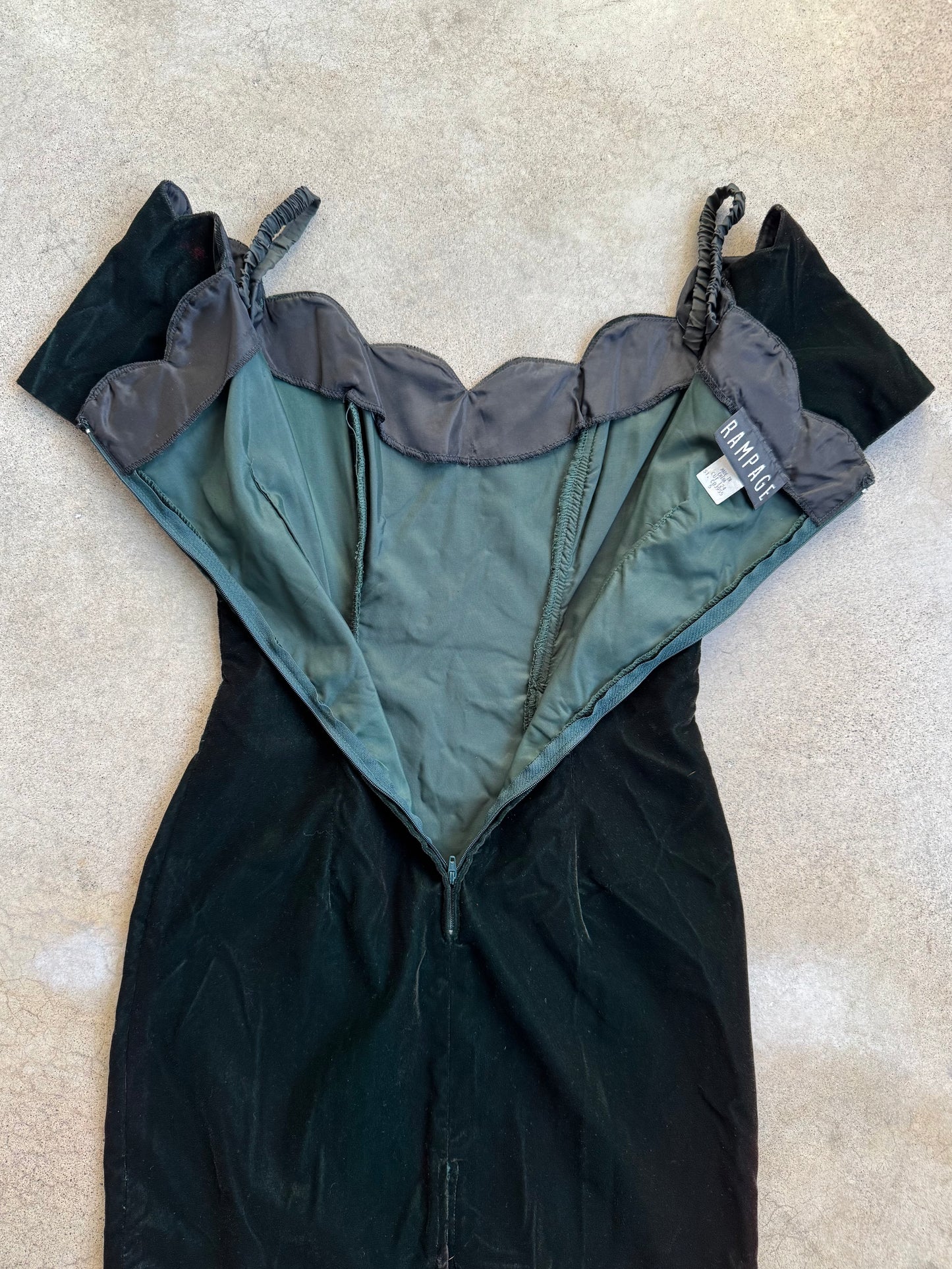 Vintage 1980s Rampage Dark Green Velvet Scalloped Off-Shoulder Mini Dress | XS