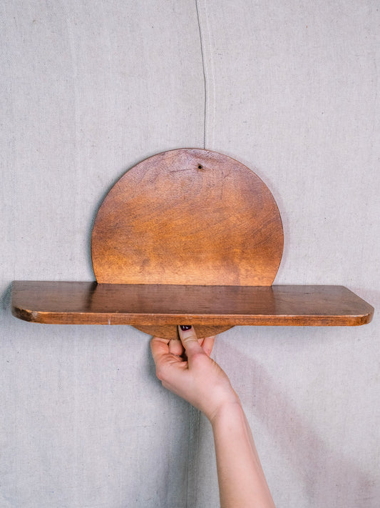 Vintage 1970s MCM Round Wooden Hanging Wall Shelf