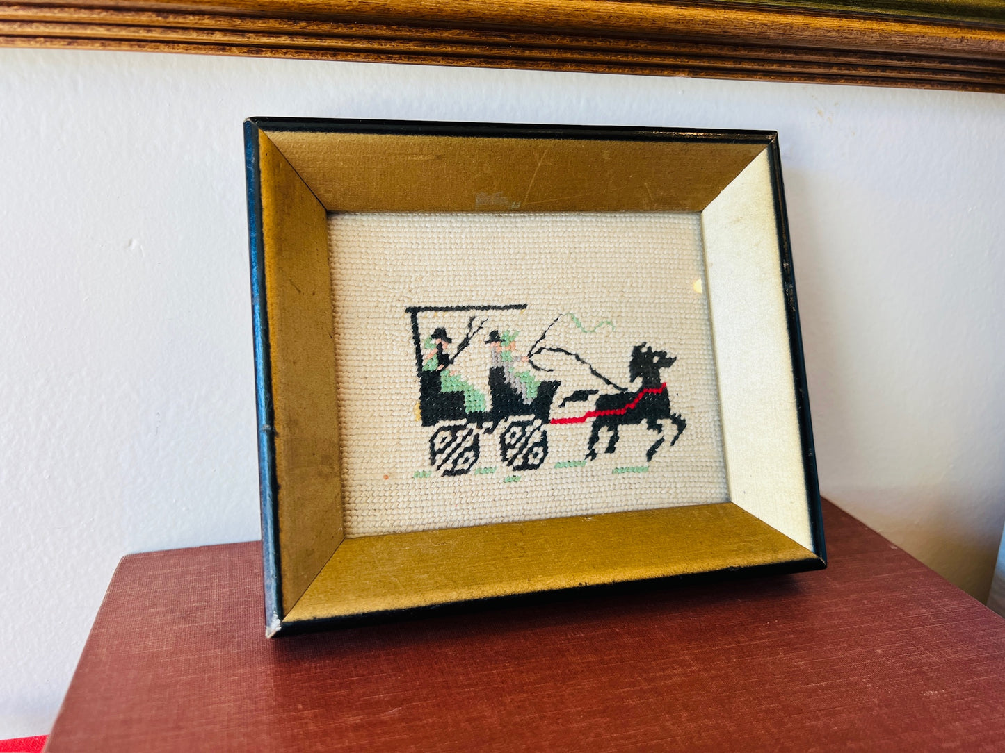 Vintage Cross Stitch Horse & Buggy Framed Art