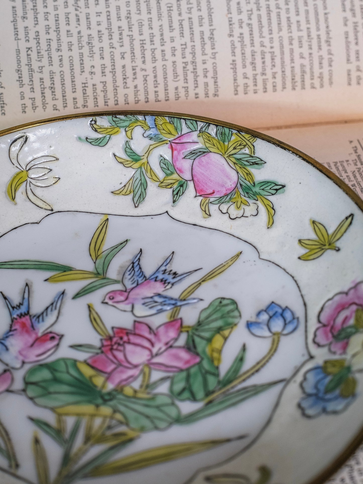 Vintage Chinese Porcelain “Bluebird & Radish” Brass Wrapped Famille Rose Chinoiserie Bowl