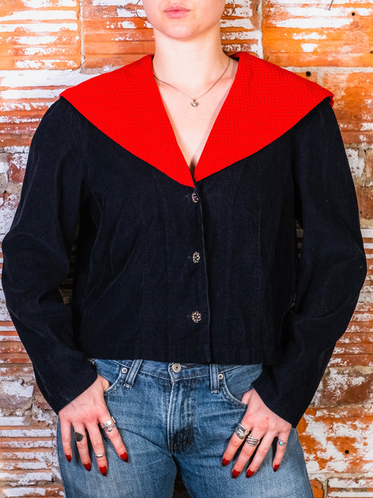 Vintage Handmade Black & Red Polka Dot Sailor Collar Corduroy Jacket | Large