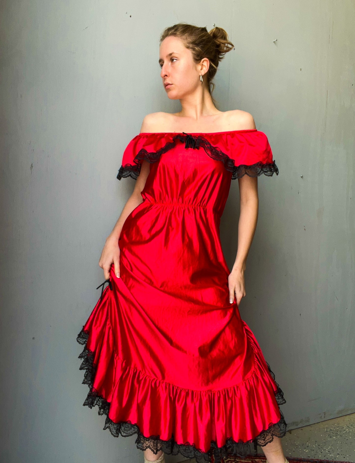 Vintage 1970’s/80’s Nylon Red & Black Flamenco Style Dress