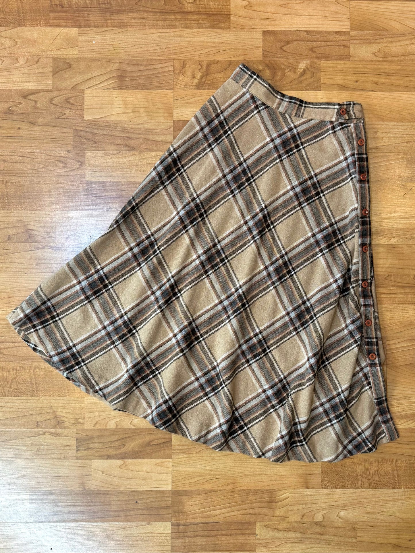 Vintage Brown Plaid A-Line Wool Skirt | XS