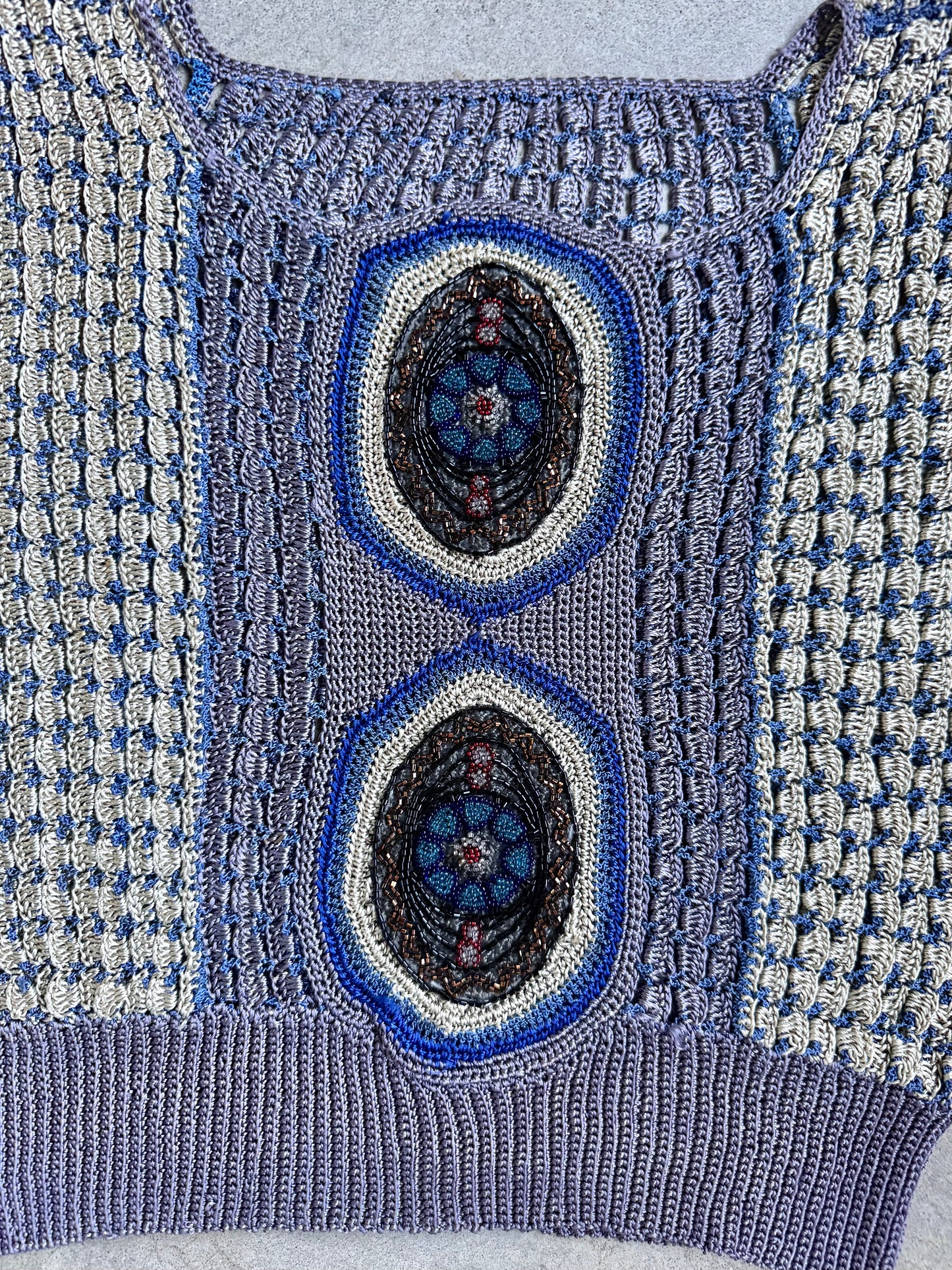 Vintage 1920s-Style Purple & Blue Crochet Beaded Short Sleeve Top | Medium