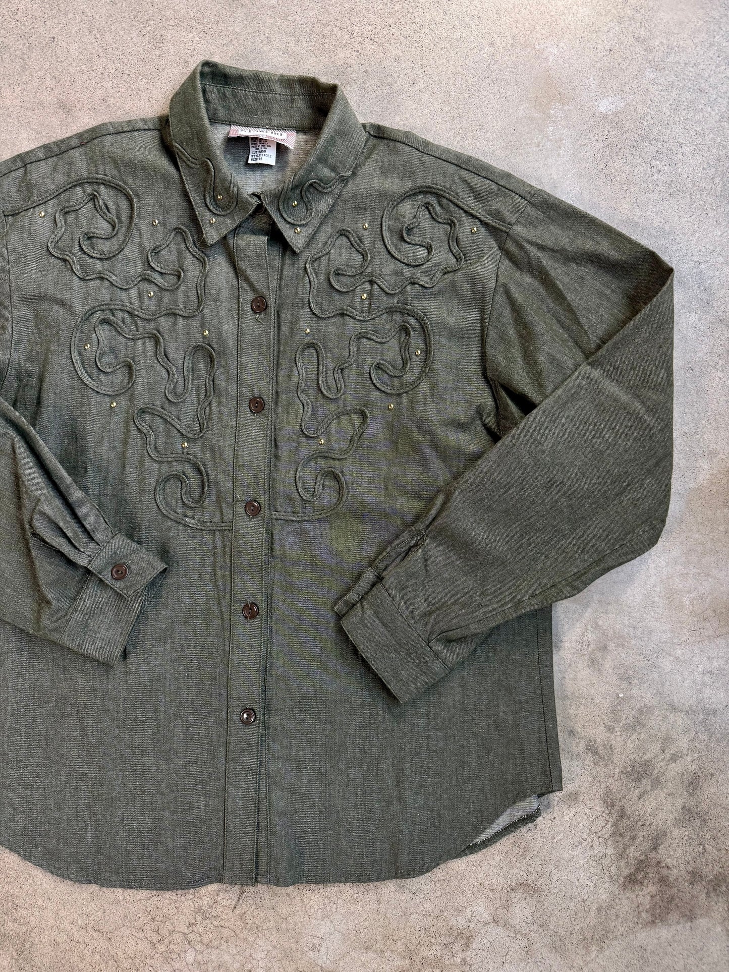 Vintage 1980s Starfire Green Embroidered Western Shirt | Large