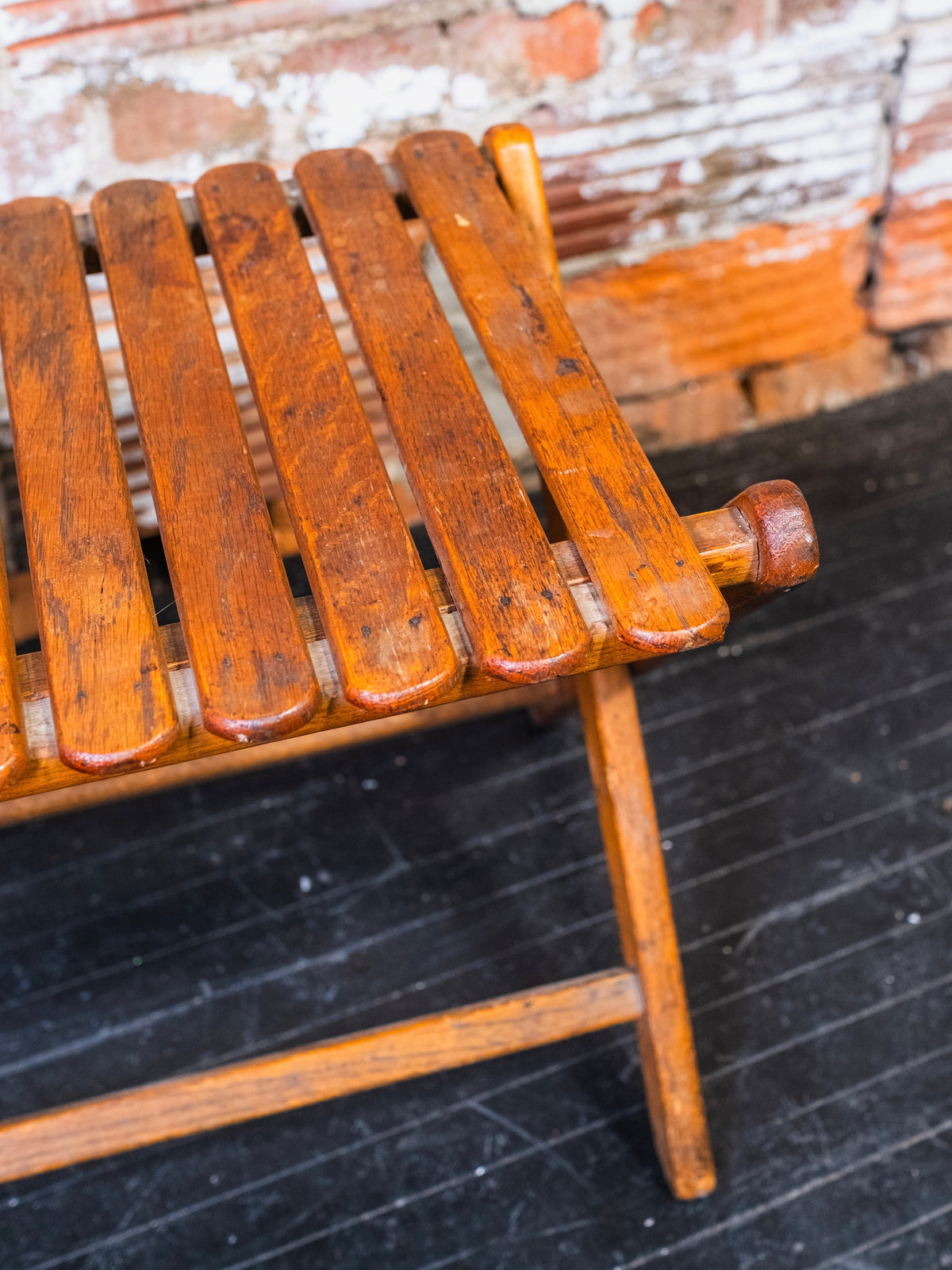 Vintage 1940s Take-Along Travel Chair Co. Slatted Wood Folding Bench Stool