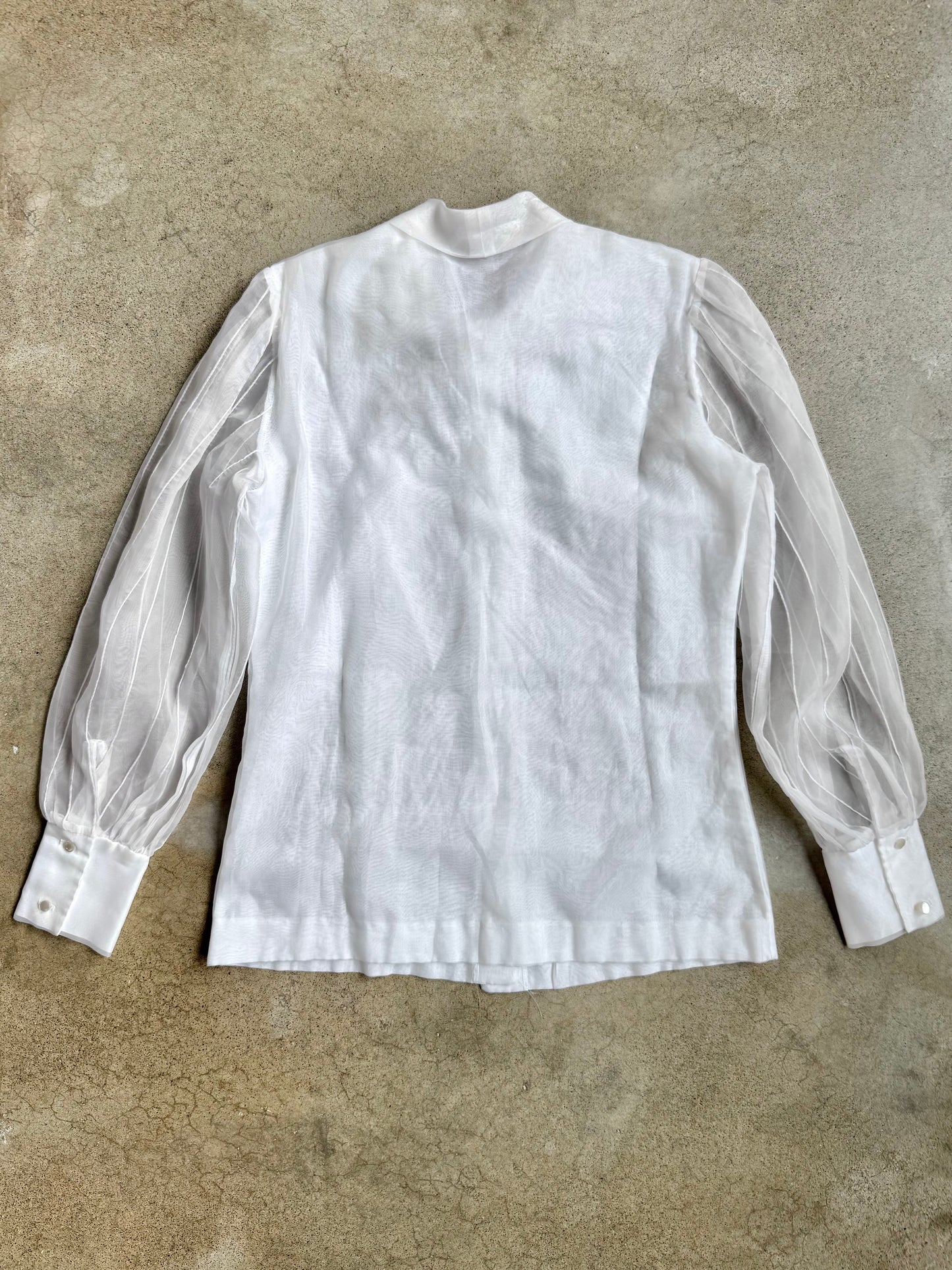 Vintage 1960s Judy Bond White Pussy-Bow Sheer Sleeve Blouse | S/M