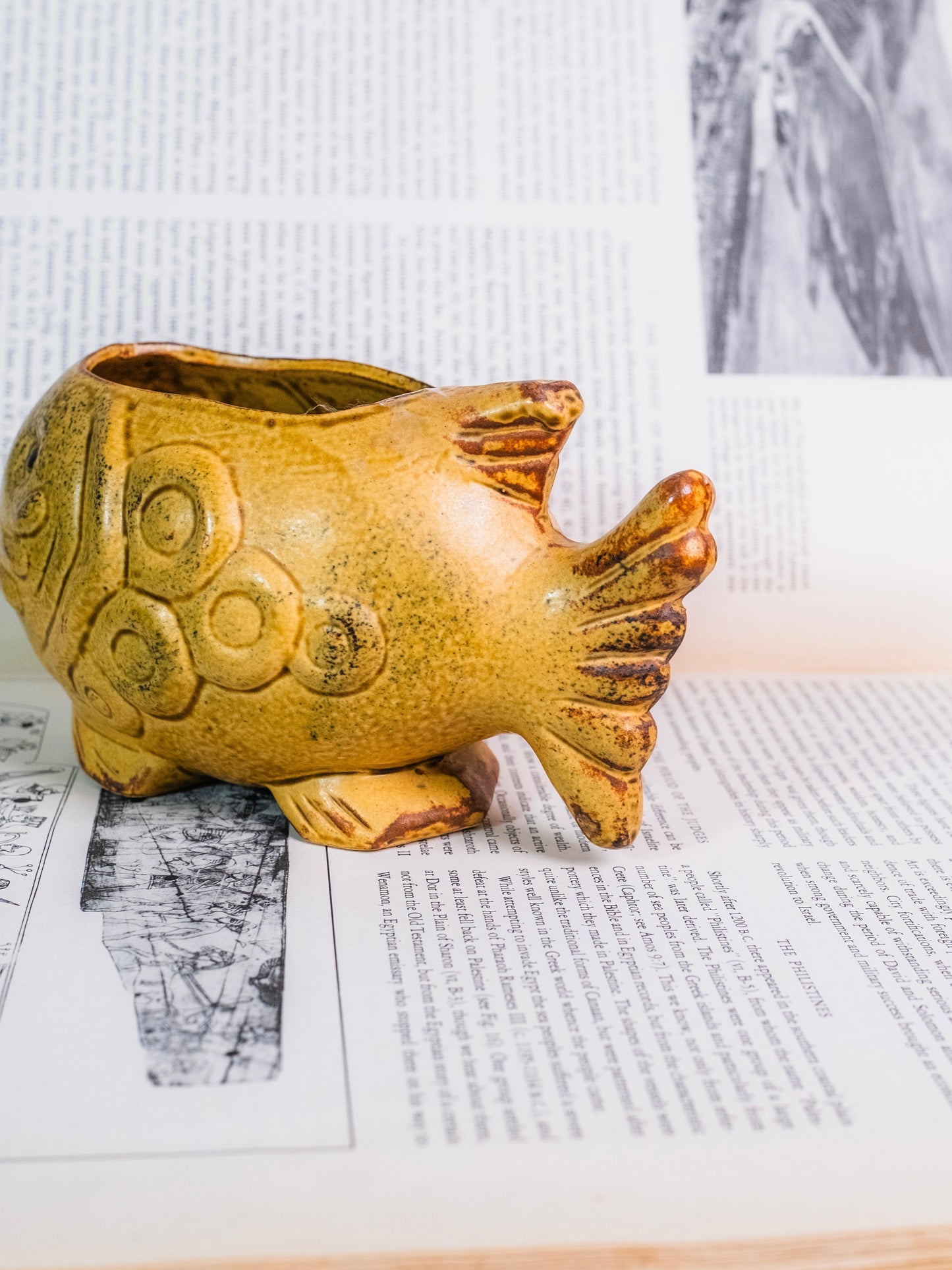 Vintage 1950s MCM Ceramic Yellow Fish Planter