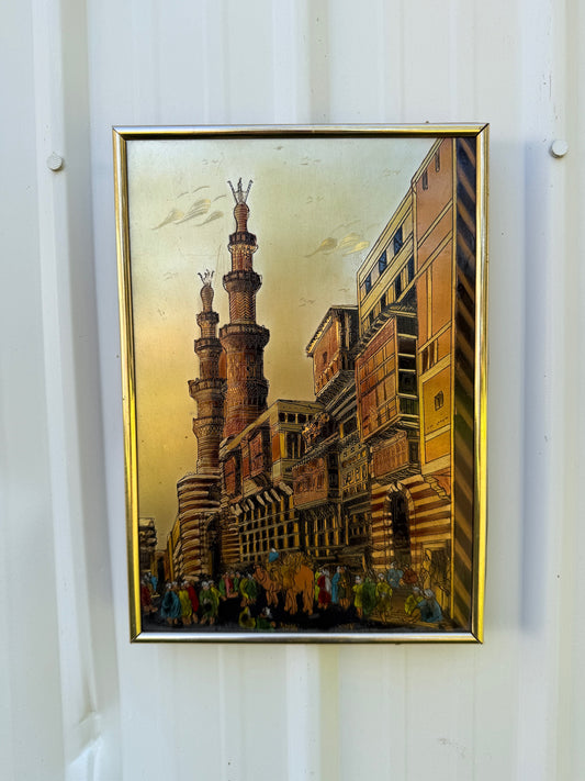 Vintage 1950s Framed Egyptian Street Market Engraved Artwork