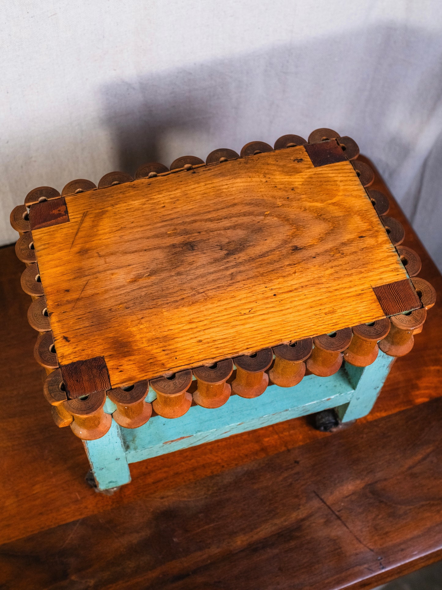 Vintage Handmade Teal Sewing Thread Spool Footstool w/ Wheels