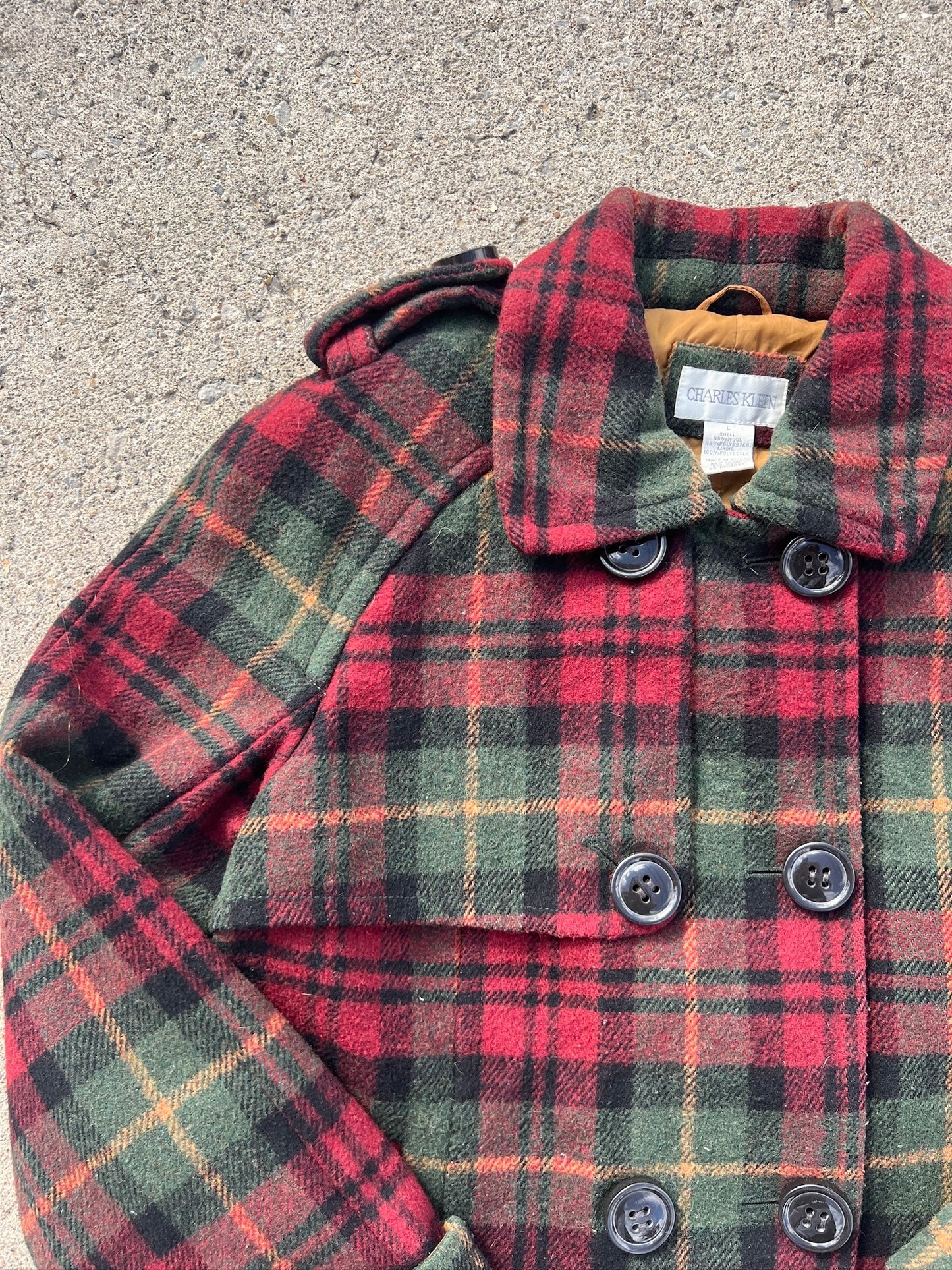 Vintage 1990s Charles Klein Plaid Wool Blend Peacoat | Large