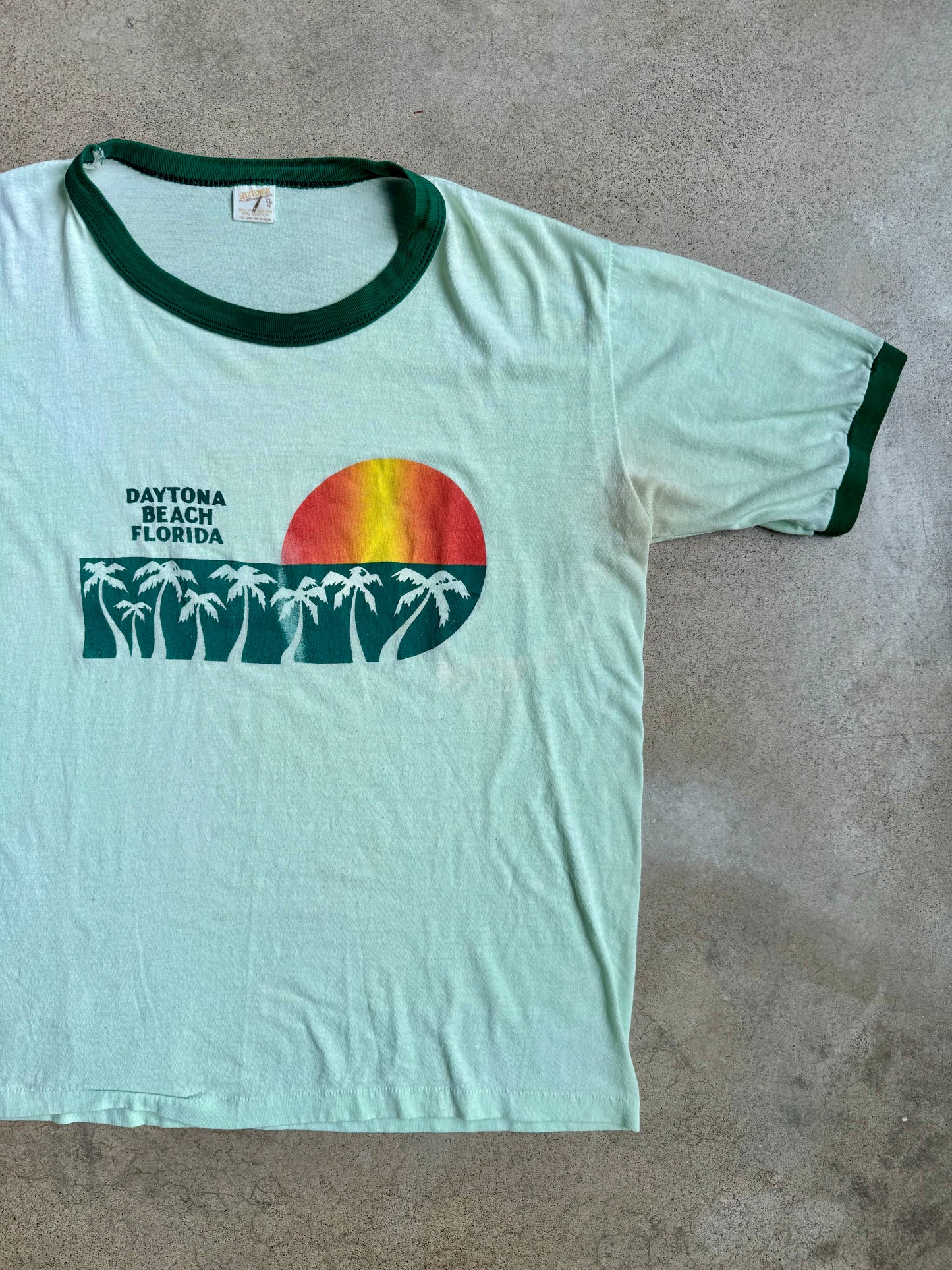 Vintage 1970s Daytona Beach Green Ringer Tee | XL