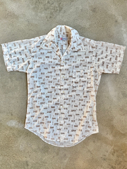 Vintage 1960s White & Brown Novelty Train Print Short Sleeve Shirt | Small