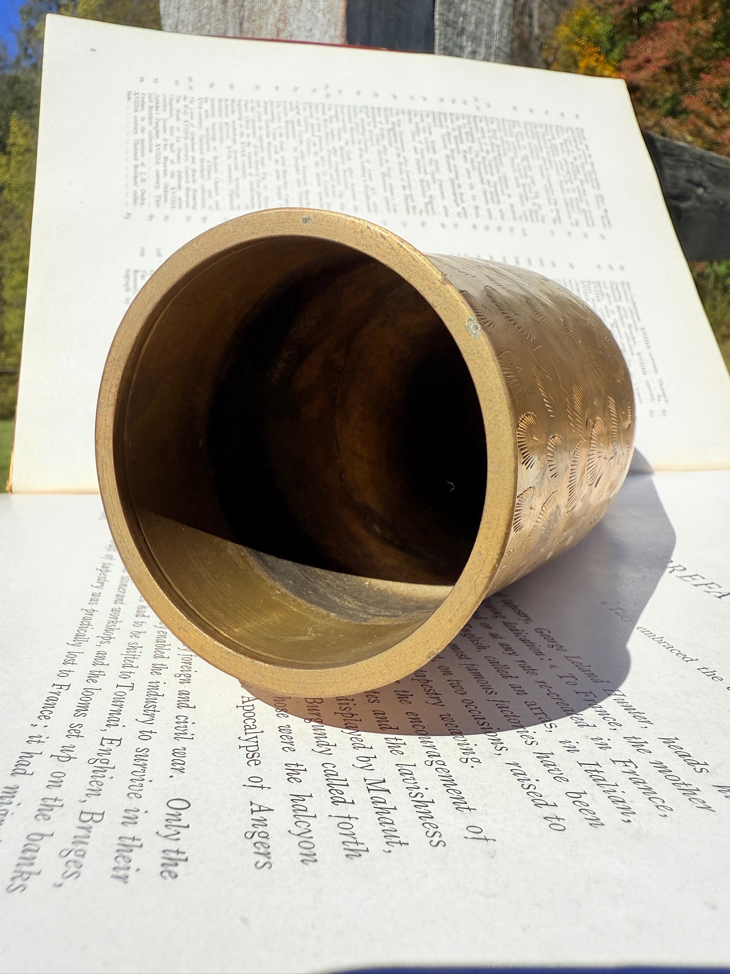 Vintage 1950s Solid Brass Etched Floral Vase