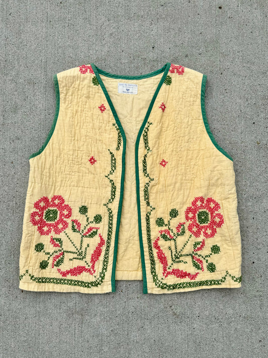 Handmade Floral Embroidered Quilted Vest | Large