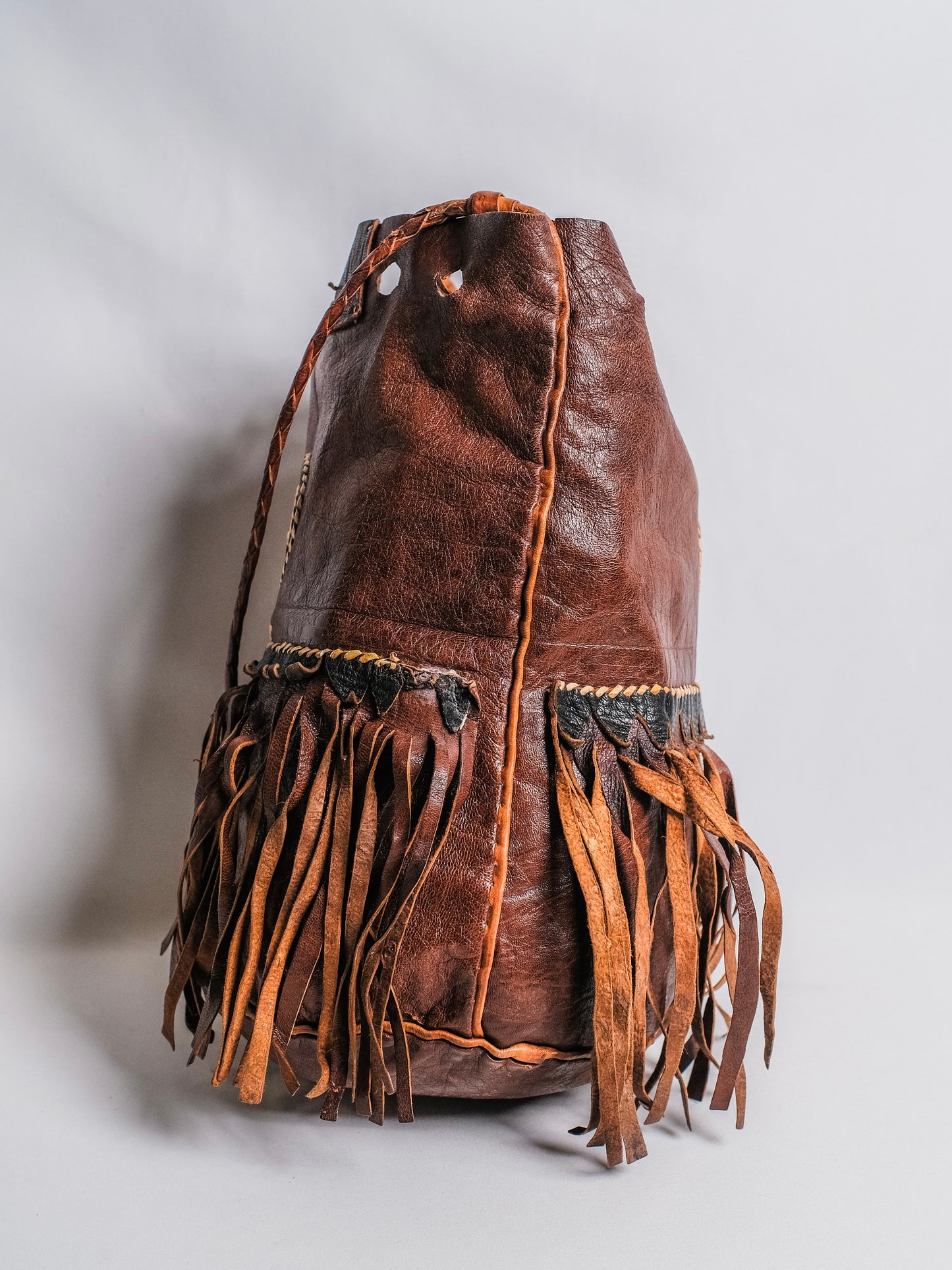 Handmade Native American Leather Tooled Fringe Bag