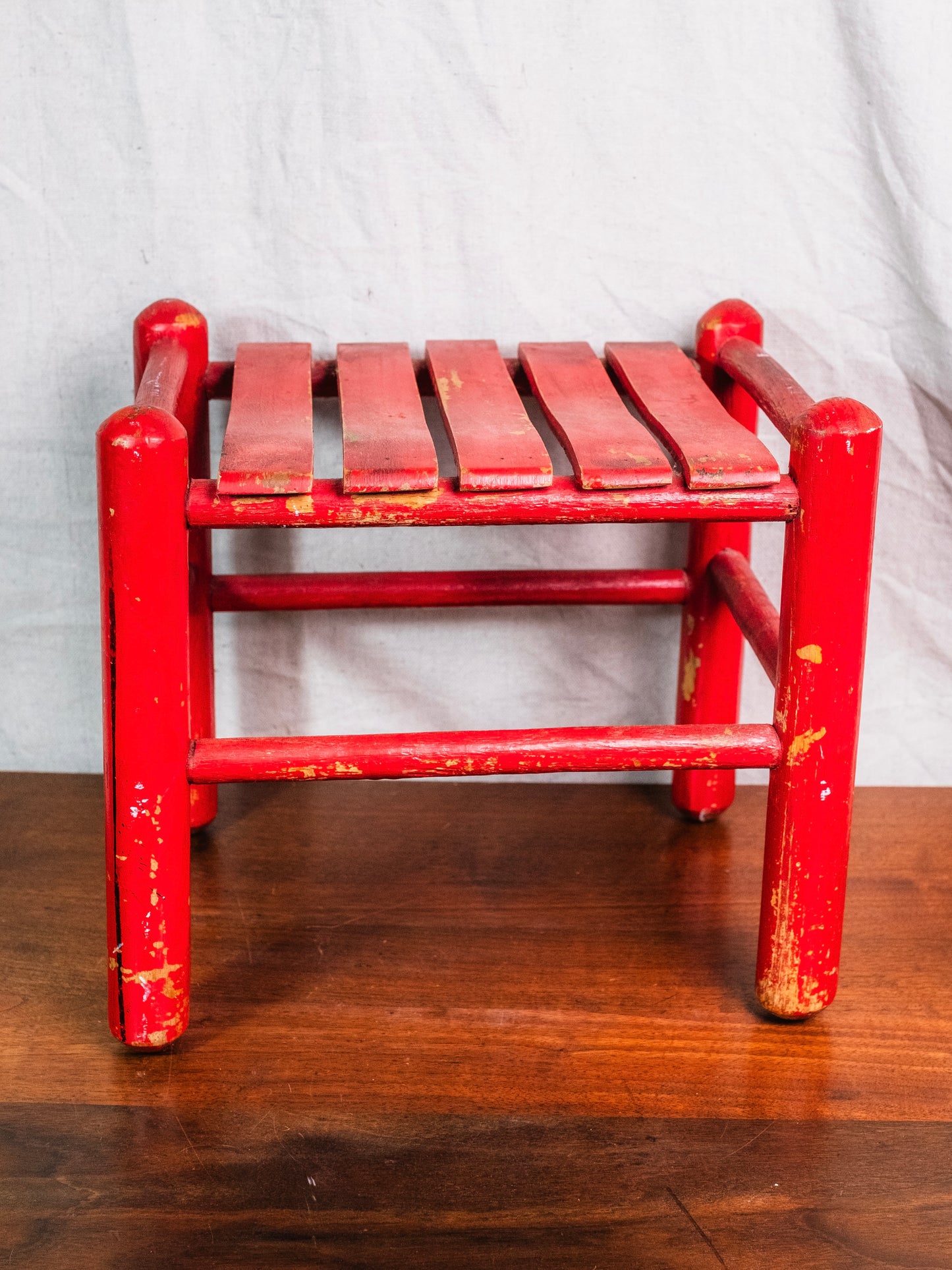 Vintage Farmhouse-Style Red Wood Slat Footstool