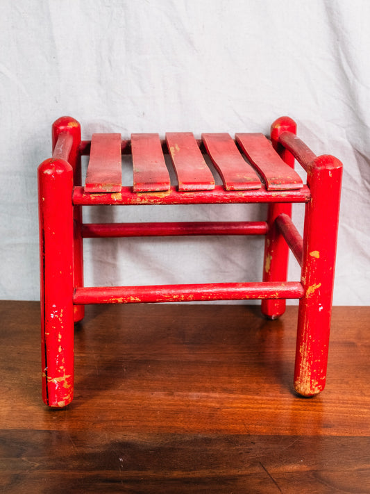 Vintage Farmhouse-Style Red Wood Slat Footstool