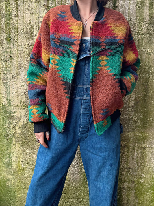 Vintage 1980s Pioneer Wear Southwestern Wool Bomber Jacket