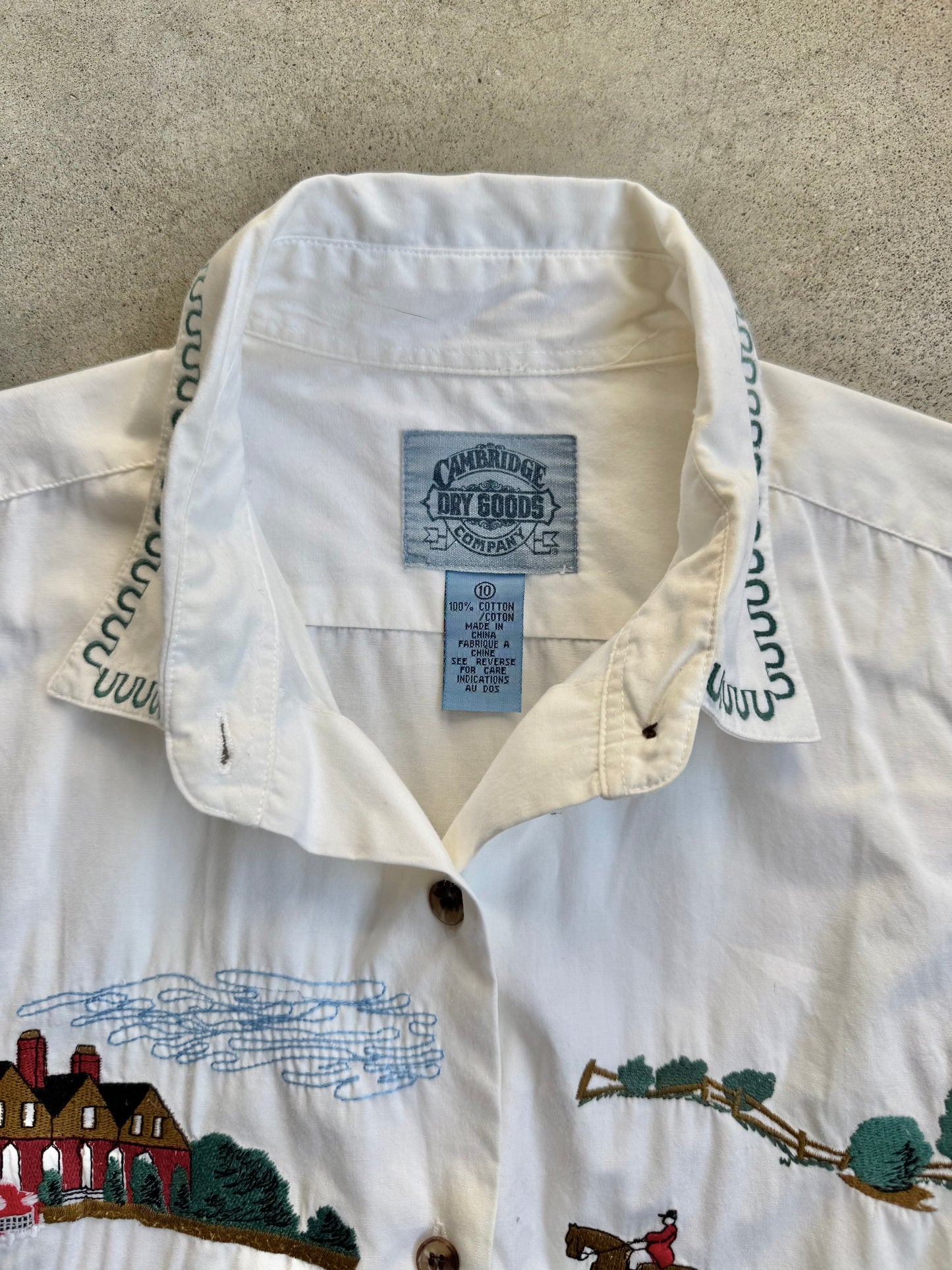 Vintage 1980s Cambridge Dry Goods Equestrian Embroidered Button-Up Shirt | M/L