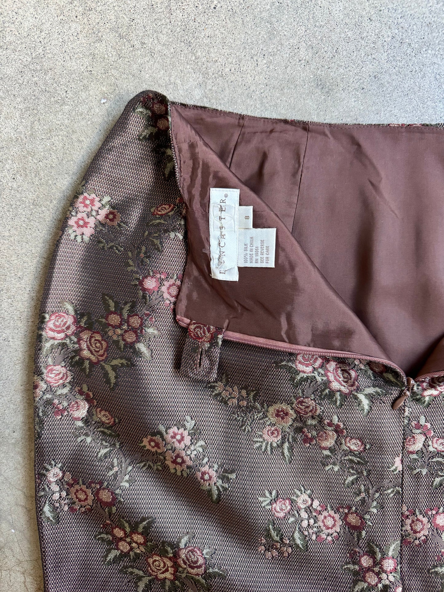 Vintage Doncaster 100% Silk Brown Floral Pencil Skirt | Waist 29”