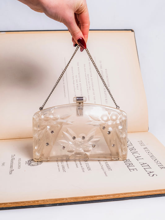 Vintage 1950s Clear Lucite Rhinestone Studded Clutch Purse