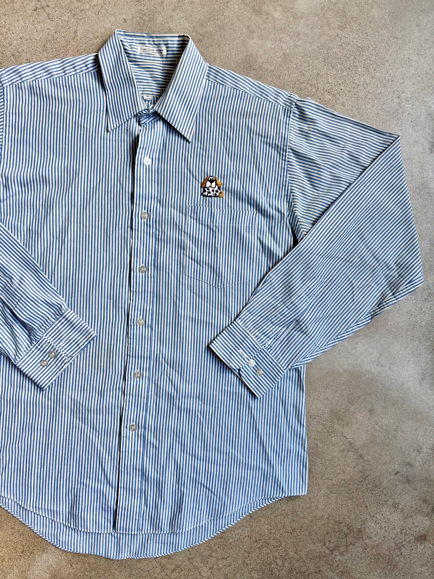 Vintage 1970s Blue & White Striped Dog Patch Button-Up Shirt | Large