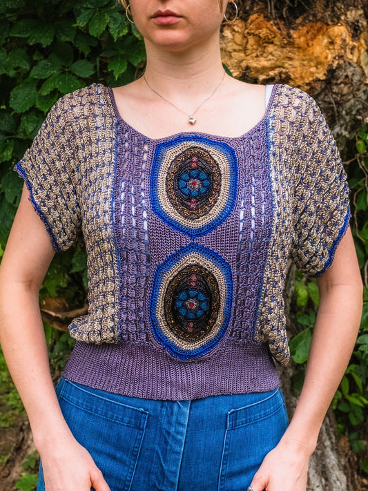 Vintage 1920s-Style Purple & Blue Crochet Beaded Short Sleeve Top | Medium