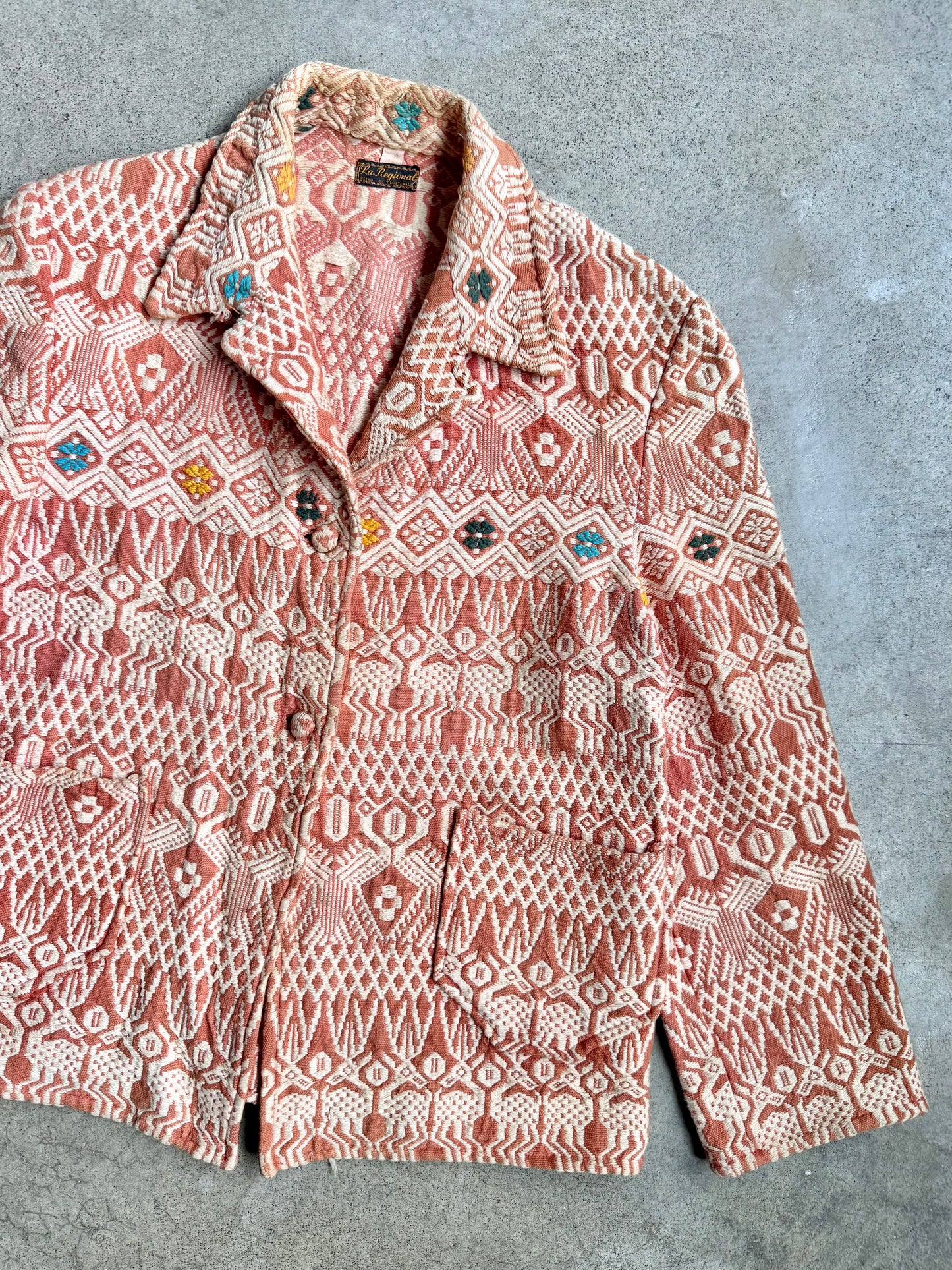 Vintage 1940s La Regional Orange Woven Cotton Guatemalan Chore Coat | Small